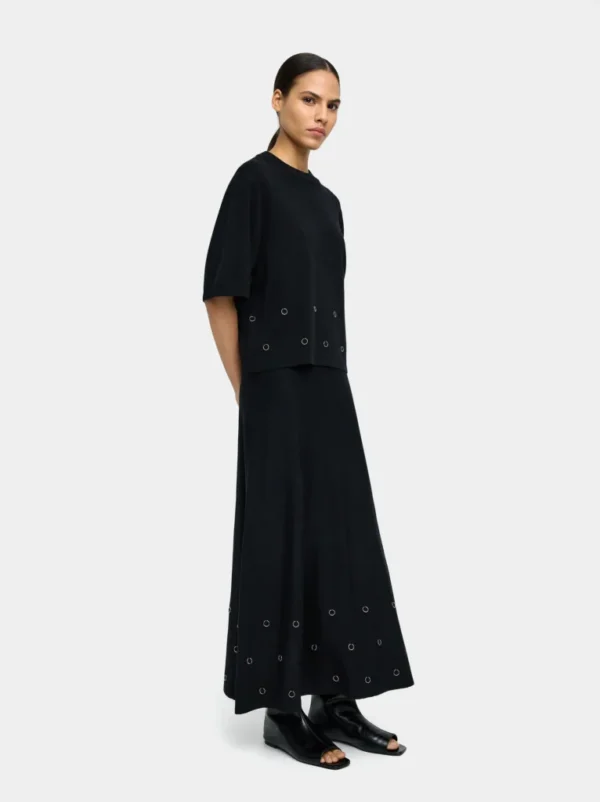 Eyelet Detail Short-Sleeve Knit Sweater – Black