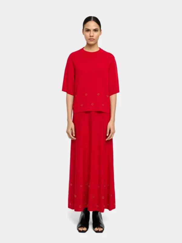Eyelet Detail Short-Sleeve Knit Sweater – Red