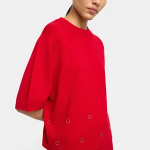 Eyelet Detail Short-Sleeve Knit Sweater – Red