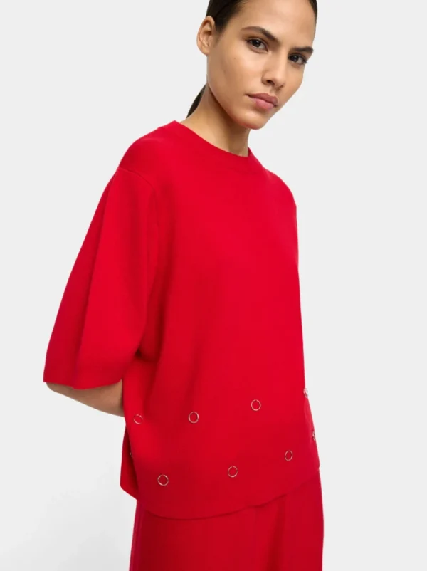 Eyelet Detail Short-Sleeve Knit Sweater – Red