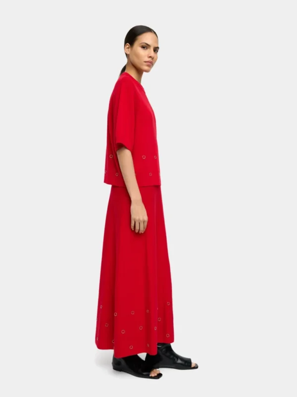 Eyelet Detail Short-Sleeve Knit Sweater – Red
