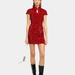Red Fitted Sequin High-Neck Mini Dress