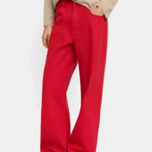 Wide-Leg Cotton Denim Trousers – Red