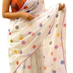 Women's Polka Dot Printed Linen Cotton Saree With Unstitched Blouse Piece