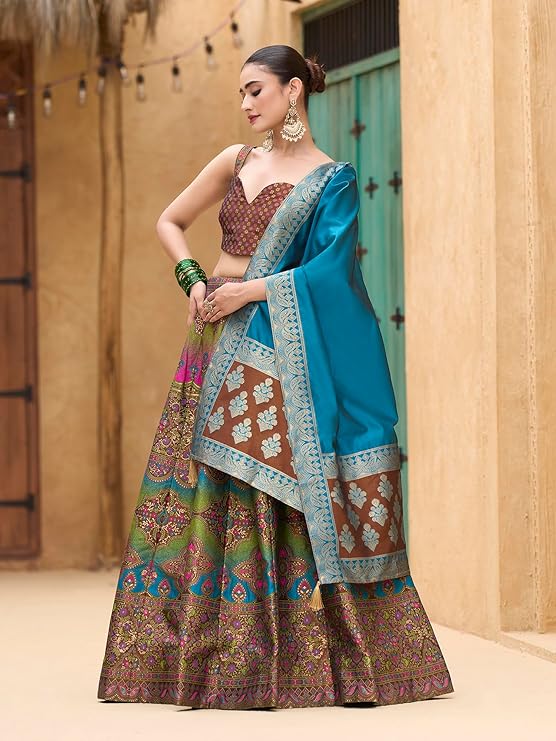 PURVAJA Women's Kanjiwaram Semi-Stitched Lehenga choli