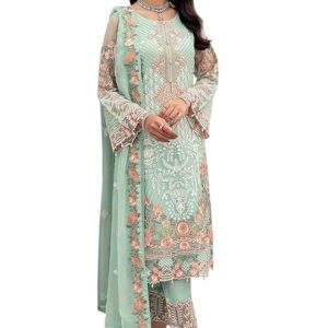 Georgette Semi Stitched Top With Unstitched Santoon Bottom and Nazmin Dupatta Embroidered Straight T