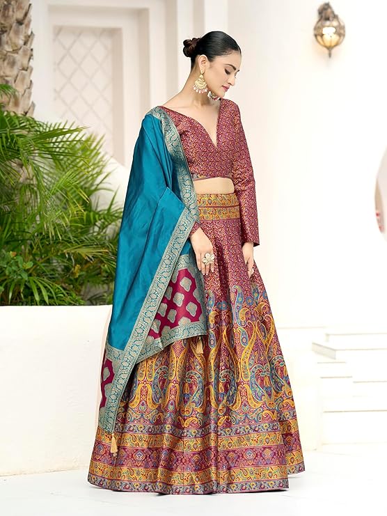 PURVAJA Women's Kanjiwaram Semi-Stitched Lehenga choli