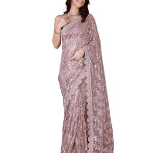 Women's Net Sequin Embroidery Zarkan Work Saree with Unstitch Blouse Piece