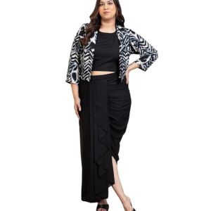 Animal Print Summer Cool Blazer & Solid Dhoti Pants with Crop Top Plus Size Indo Western Set for