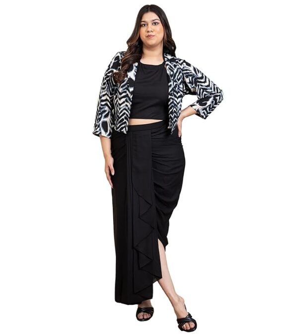 Animal Print Summer Cool Blazer & Solid Dhoti Pants with Crop Top Plus Size Indo Western Set for