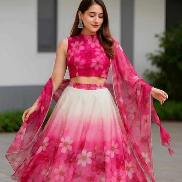 Dripfoundry Women's Floral Ombre Lehenga Choli Set for Girls Digital Printed Organza Semi-Stitch