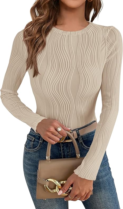 Women's Tops 2025 Cute Long Sleeve Crewneck Blouses Plain Slim Fit Fall Shirts Textured Knit Bas
