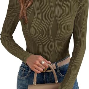 Women's Tops 2025 Cute Long Sleeve Crewneck Blouses Plain Slim Fit Fall Shirts Textured Knit Bas