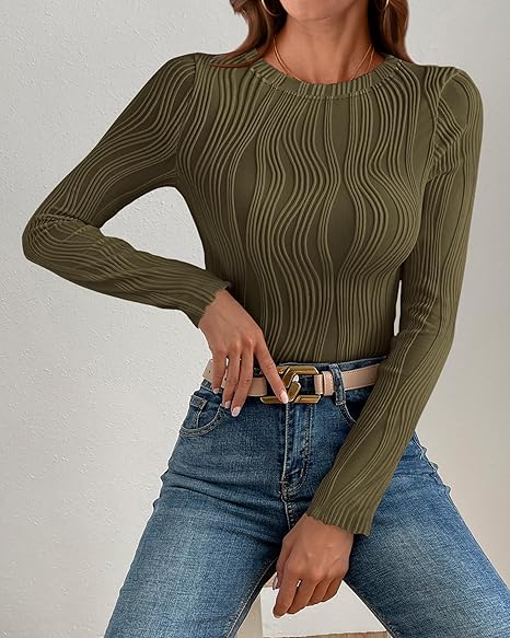 Women's Tops 2025 Cute Long Sleeve Crewneck Blouses Plain Slim Fit Fall Shirts Textured Knit Bas