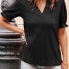 Womens Summer Short Puff Sleeves Blouses Shirts V Neck Cute Solid Knit Textured Casual Regular Fit T