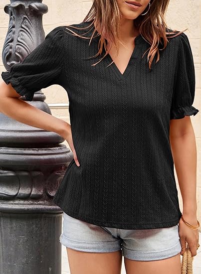 Womens Summer Short Puff Sleeves Blouses Shirts V Neck Cute Solid Knit Textured Casual Regular Fit T