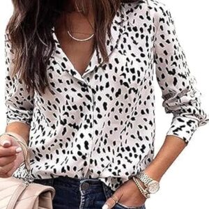 Women Pattern Print Button Down Blouse Top Long Sleeve Work Business Shirt