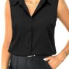 Womens Sleeveless Button Down Shirt Tops V Neck Business Casual Collared Blouses Tank Top