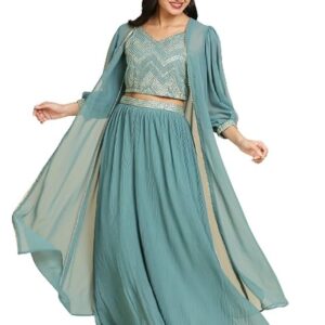 madhuram women'S Georgette Lehenga And Choli With Long Shrug Set For Solid With Heavy Embroidery