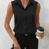 Womens Sleeveless Button Down Shirt Tops V Neck Business Casual Collared Blouses Tank Top