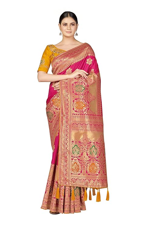 Monjolika Fashion Women's Banarasi Silk Blend Woven Work Tussles Saree With Unsttiched Blouse Pi