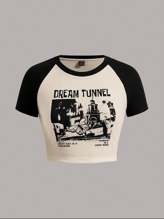 Wear Wild Women's Dream Tunnel Graphic Cotton Ribbed Round Neck Short Sleeve Casual Slim Fit Cro
