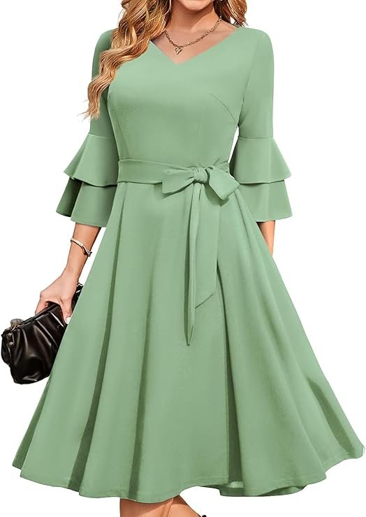Women's Plus Size 3/4th Bell Sleeves Bridesmaid Dresses （Pista）
