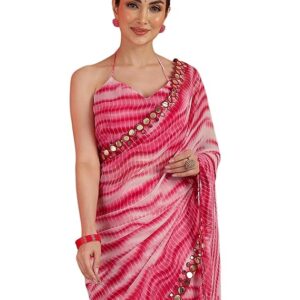 Women's Georgette Printed Mirror Work Border Saree with Unstitched Blouse Piece