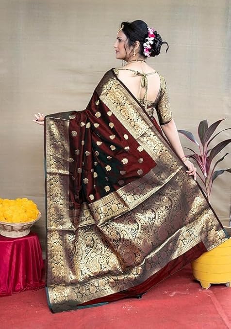 C J Enterprise Women's Pure Soft Kanjivaram Silk Saree For Wedding Banarasi Style Sari With Blou