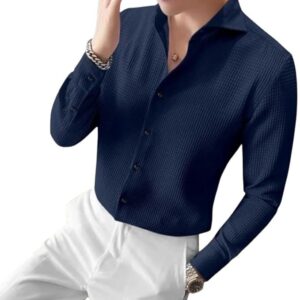 Blue Men Casual Shirts Plain Button Down Shirt Long Sleeve Textured Summer Beach Shirt for Men