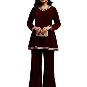 Red Velvet Kurti Set for Woman | Short Kurti for Women Latest | Co ord Set for Women Stylish Party Suit | Ethnic Office Everyday Wear & Casual Look