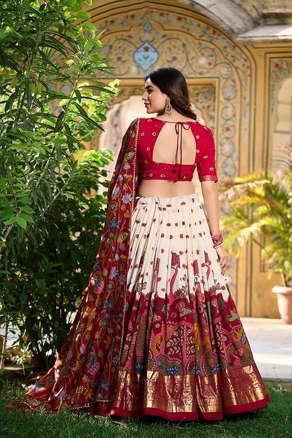 Jay Varudi Creation Women's Tussar Silk Lehenga Choli Set | Patola Print with Foil Work | Unstit