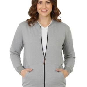 Women's Loop knit Loose Fit Drop Shoulder Bomber Jacket with Zipper Closure and Side Pockets(Grey)