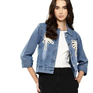 Women Casual Wear Black Color Embroidery Denim Jacket(Blue)