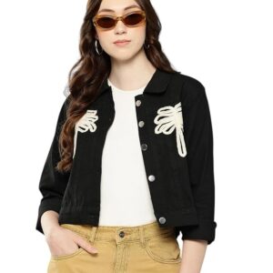 Women Casual Wear Black Color Embroidery Denim Jacket(Black)