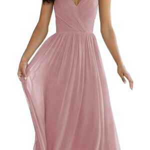 Women's V Neck Bridesmaid Dress Long for Wedding A-Line Chiffon Open Back Formal Gown with Pockets(Dusty Rose)