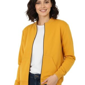 Women's Loop knit Loose Fit Drop Shoulder Bomber Jacket with Zipper Closure and Side Pockets(Mustard)