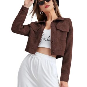 Women’s Corduroy Cropped Jacket with Two Pockets| Casual Button Down Korean Style Casual Outerwear(Brown)