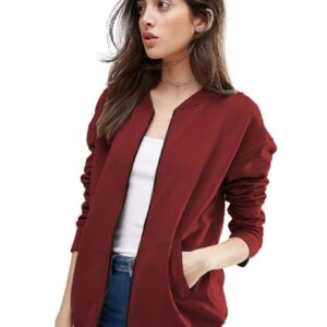 Women's Standard Length Casual Jacket For Loose Fit Drop Shoulder Loop knit  Bomber Jacket With Zipper Closure And Side Pockets( Maroon)