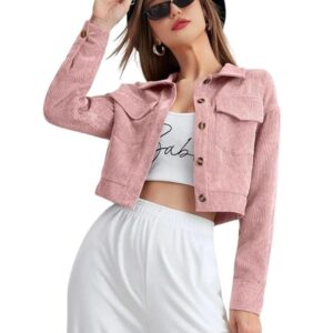 Women’s Corduroy Cropped Jacket with Two Pockets| Casual Button Down Korean Style Casual Outerwear(Peach)