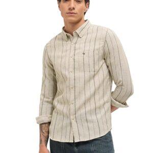 Men's Beige Slim Fit Striped Casual Shirt