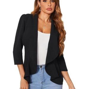 Women's Lightweight Open Front Blazer – Draped Waterfall Longline Blazer Style(Coal Black)
