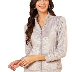 Floral Printed Stand Collar Lightweight Tailored Jacket(Grey)