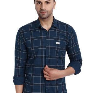 Slim Fit Cotton Casual Check Shirt for Men(Navy)