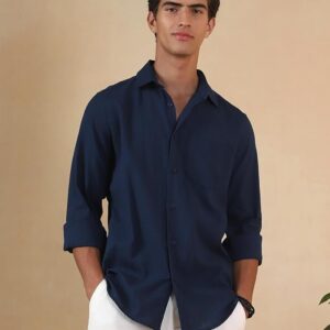 Men's Full Sleeve Casual Shirt - Regular Fit | Shirts for Men | Solid Color | Textured Shirt(Navy)
