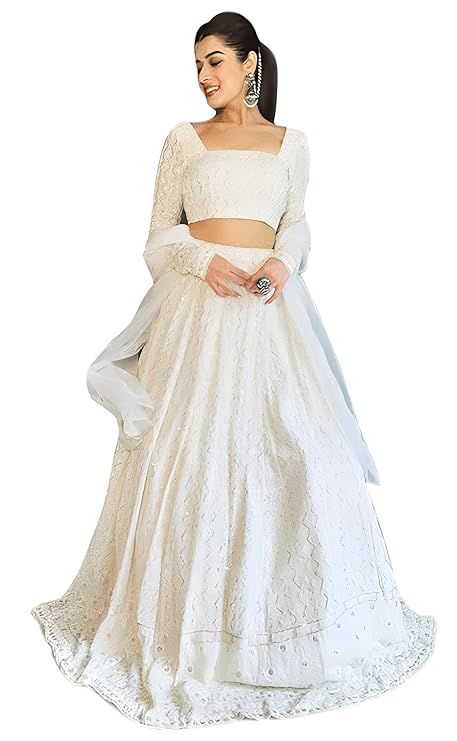 TRENDMALLS Georgette Embroidery Sequence Work Lehenga Choli Unstitch Blouse With Dupatta For Women (