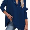 Women Causal Long Sleeve Hoodie Oversied Button Collar V Neck Sweatshirt Trendy Pullover Tops With P
