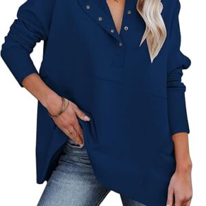 Women Causal Long Sleeve Hoodie Oversied Button Collar V Neck Sweatshirt Trendy Pullover Tops With P