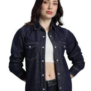 Women's 100% Cotton Jacket - Dual Flap Pocket | Jackets for Women | Full Sleeve with Buttoned Cuffs(Retro Blue)