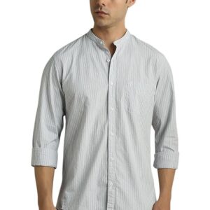Classic Striped Cotton Mandarin Collar Shirt for Men – Full Sleeves, Business Casual(Grey)